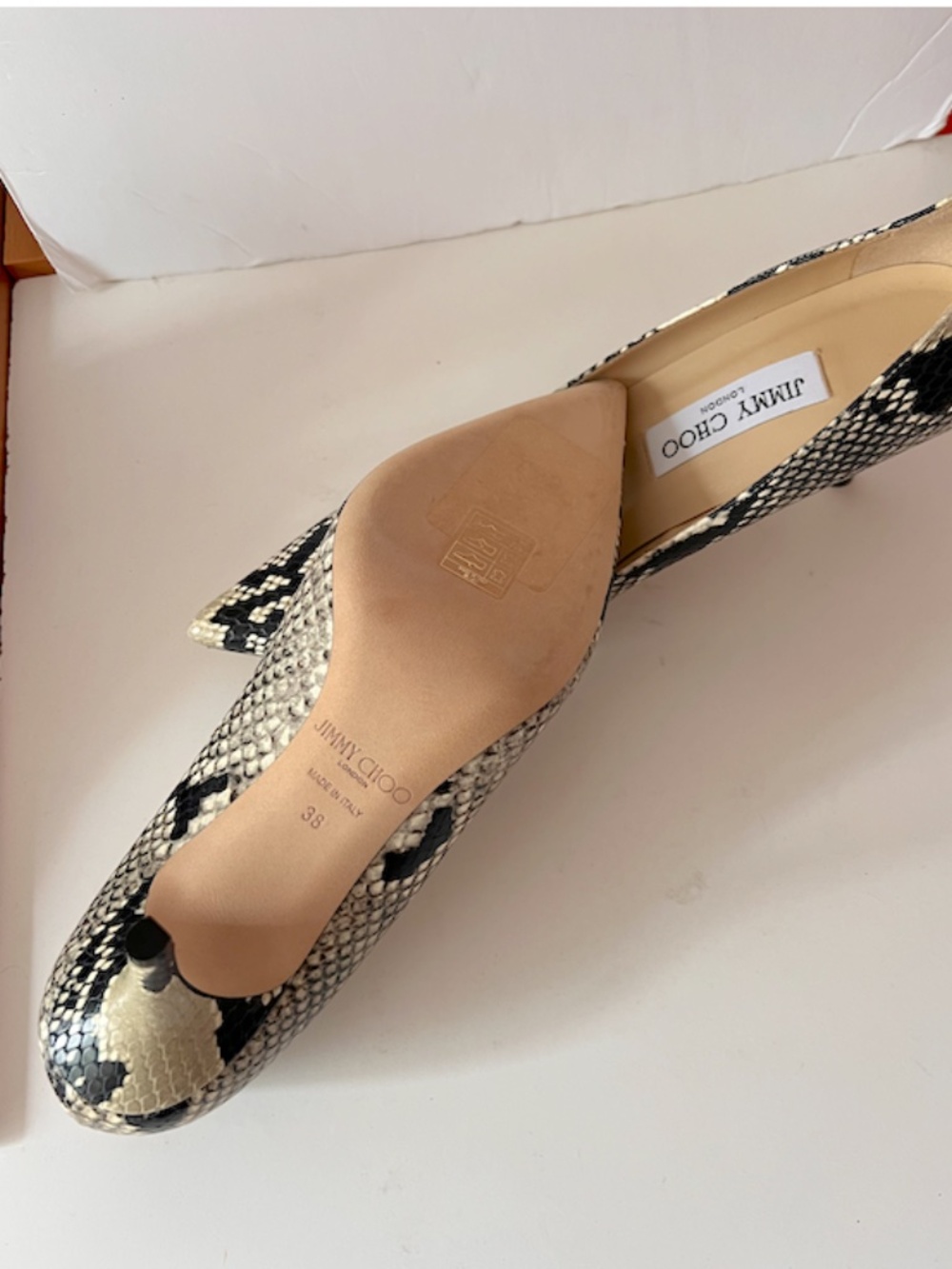 Jimmy Choo Beige/Black Python Embossed Leather Romy Pumps - Picture 4 of 13